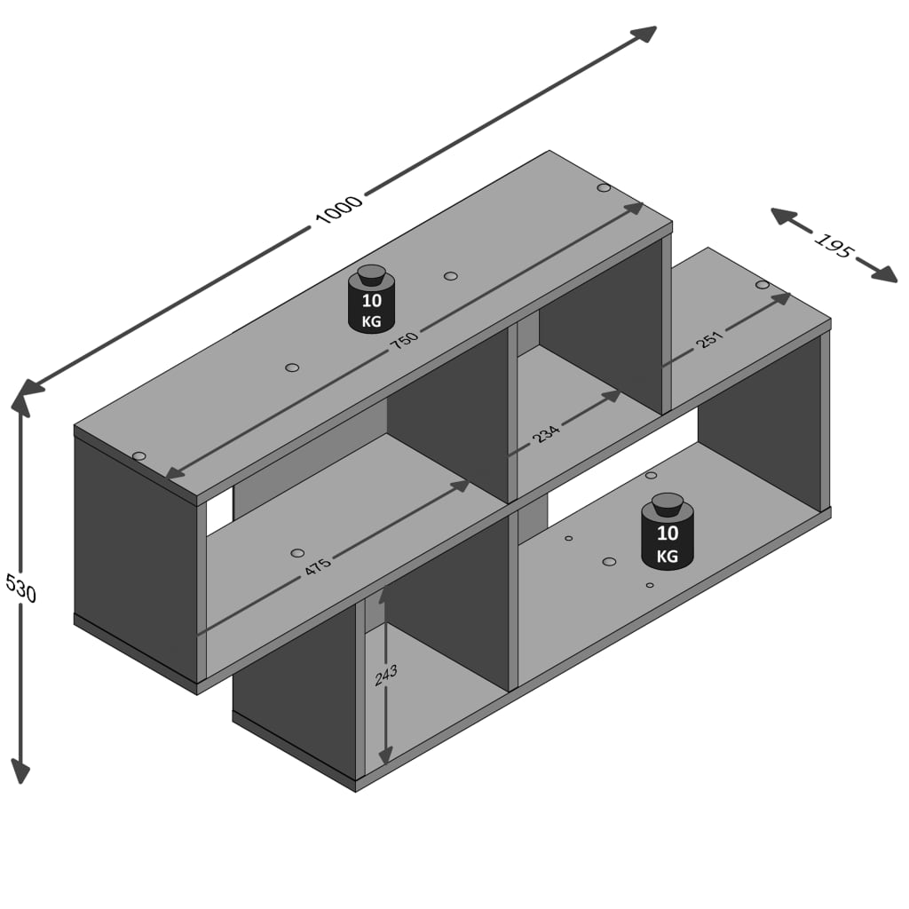 FMD Wall-mounted Shelf with 4 Compartments Concrete and White