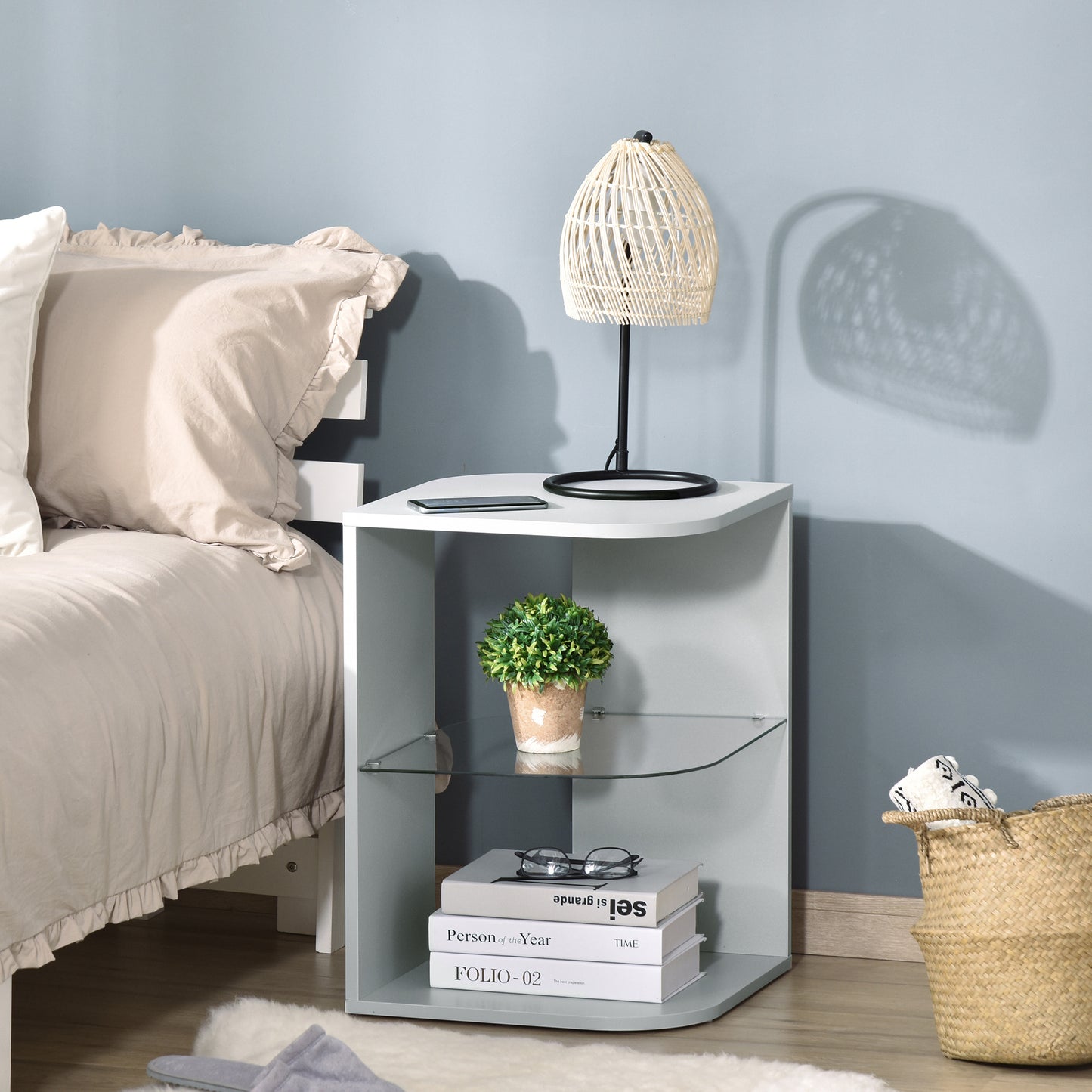 Homcom Modern Side Table Three Layer Bedside Table Nightstand with 2 Storage Shelves