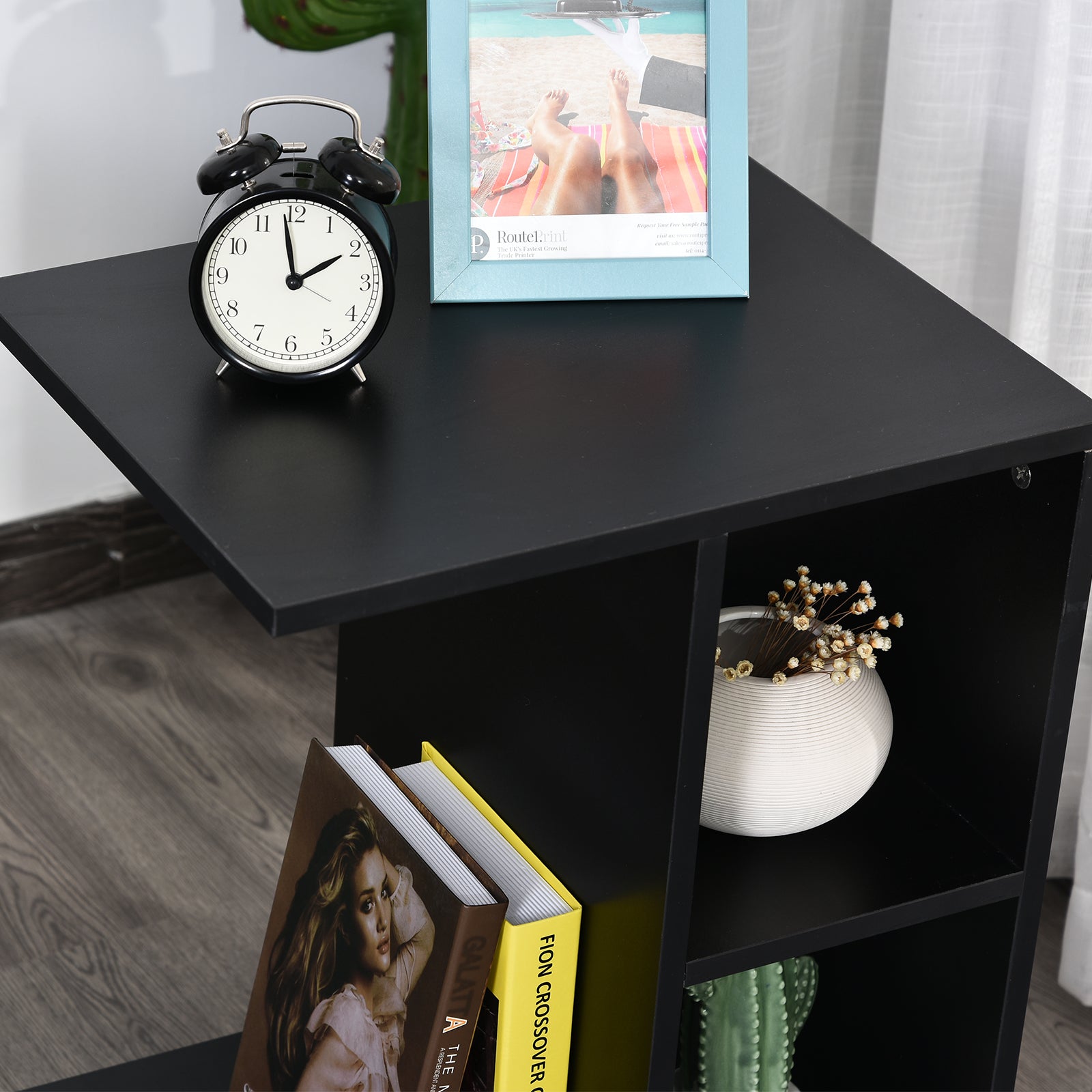 Homcom C-Shape End Table Unique Storage Unit w/ 2 Shelves 4 Wheels Freestanding Home Office Furniture Cabinet Square Studio Black