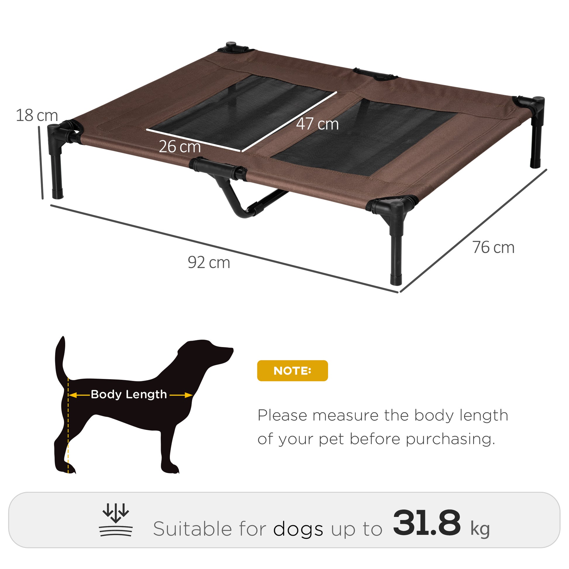 PawHut 91.5Lx76.2Wx18H cm Elevated Pet Bed-Brown/Black Frame