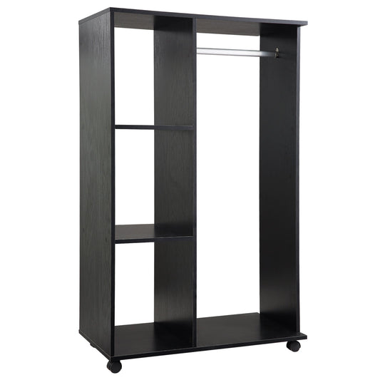 Open Wardrobe with Hanging Rail and Storage Shelves w/Wheels Bedroom- Black-0