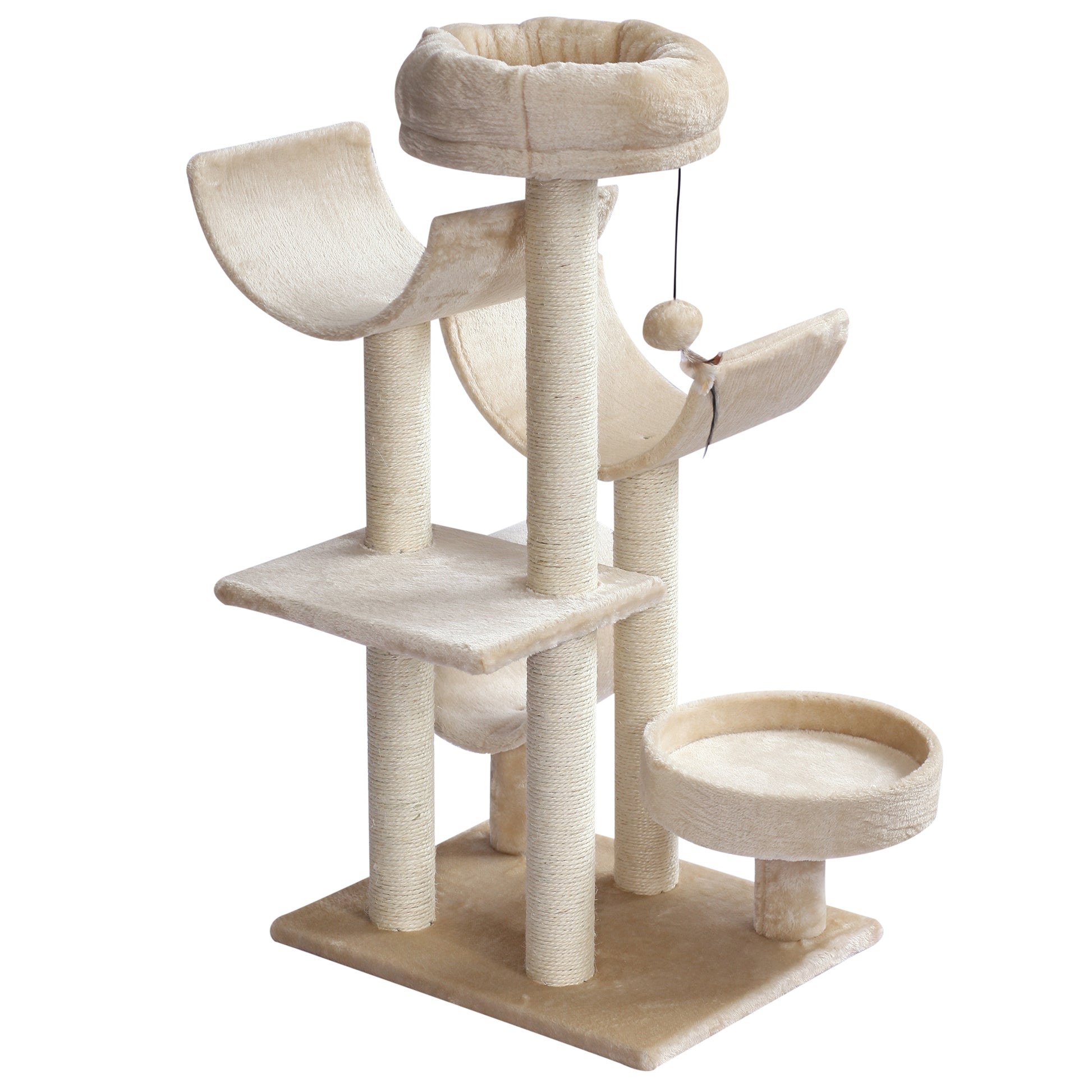 PawHut 50Lx40Wx105H cm Cats 6-Tier Scratch Tree w/ Dangle Toy Beige