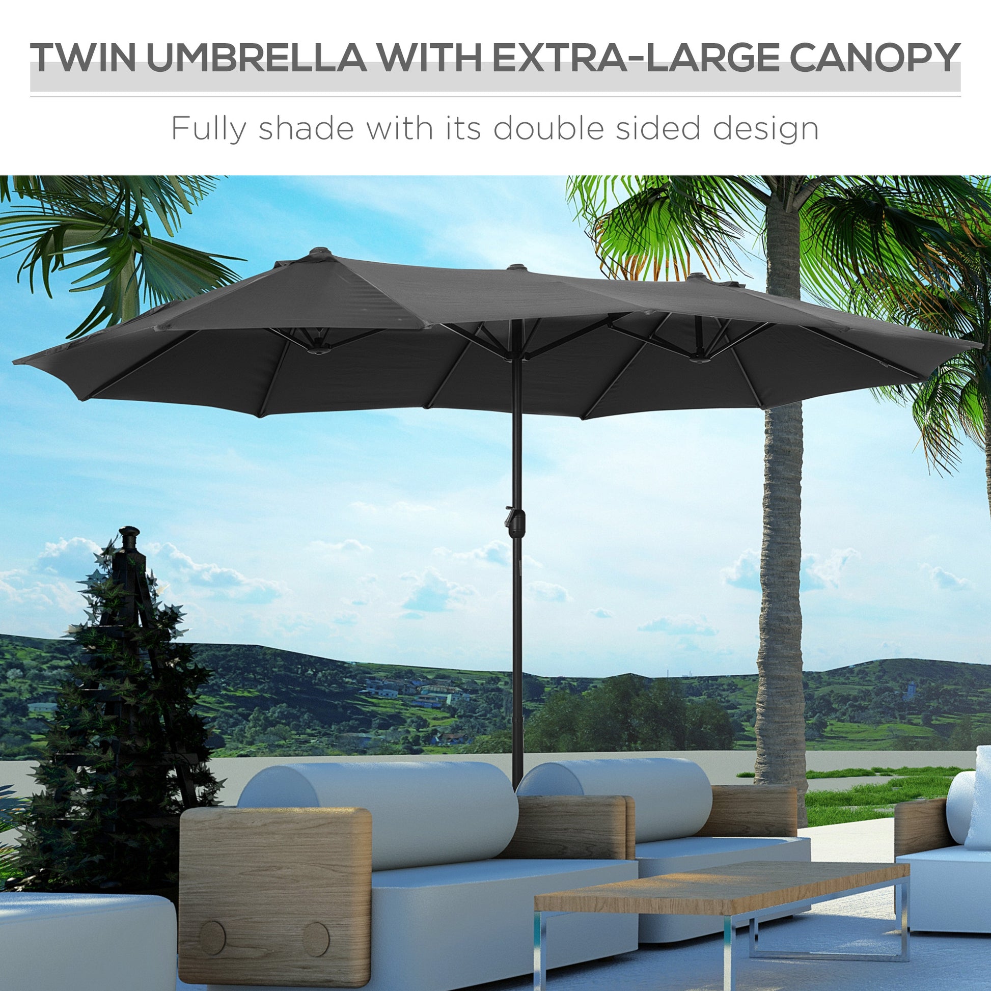 Outsunny 4.6M Sun Umbrella Canopy Double-sided Crank Sun Shade w/ Cross Base Grey