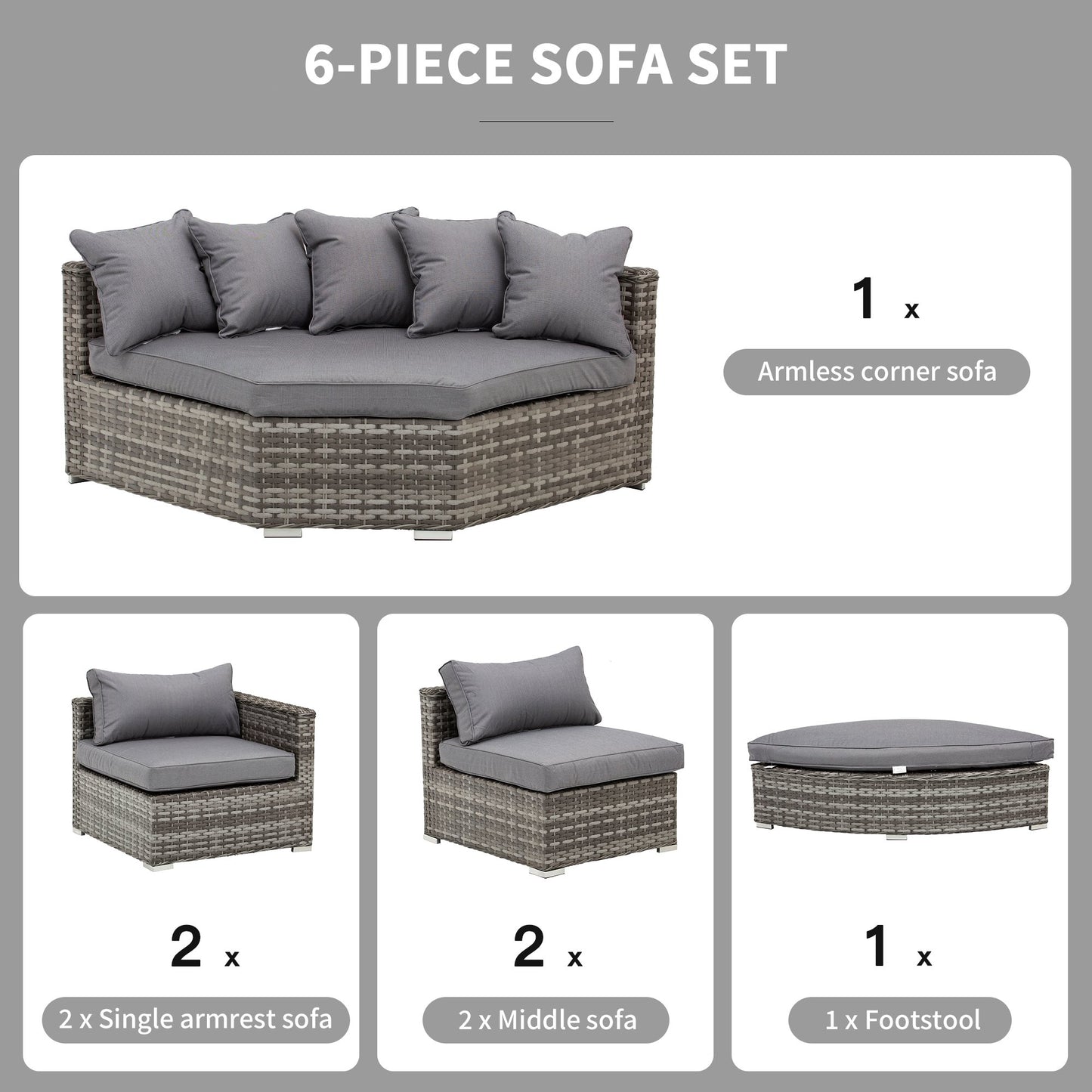 Outsunny 6 PCs Outdoor Rattan Wicker Sofa Set Bonzer Half Round Patio Conversation Furniture Set w/ Angled Corner Design