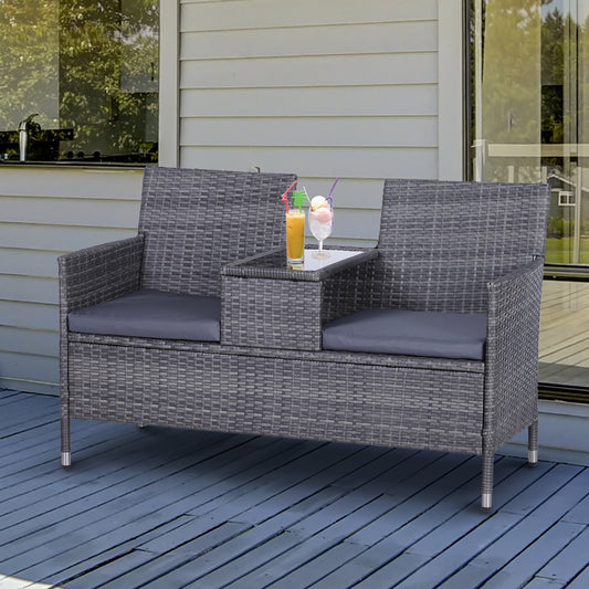 Outsunny 2-Seater PE Rattan Outdoor Garden Bench w/ Centre Table Grey