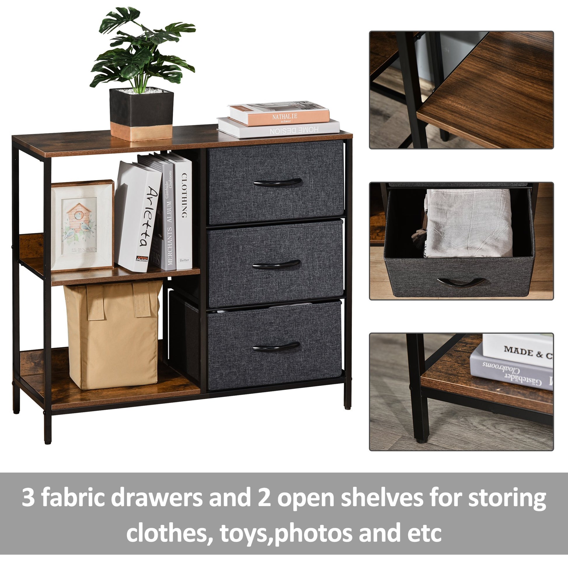 Homcom Chest of Drawers Storage Dresser Cabinet Organizer with 3 Fabric Drawers and 2 Display Shelves for Living Room