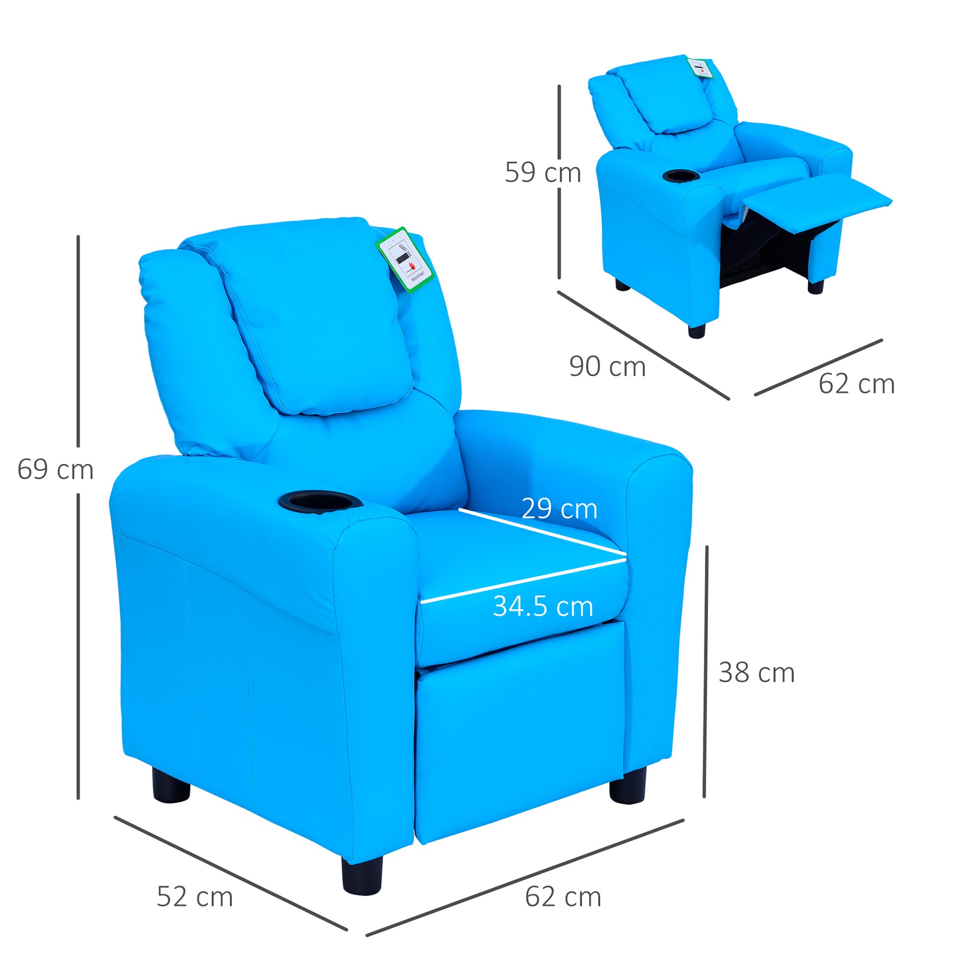 Homcom Kids Children Recliner Lounger Armchair Games Chair Sofa Seat PU Leather Look w/ Cup Holder (Blue)