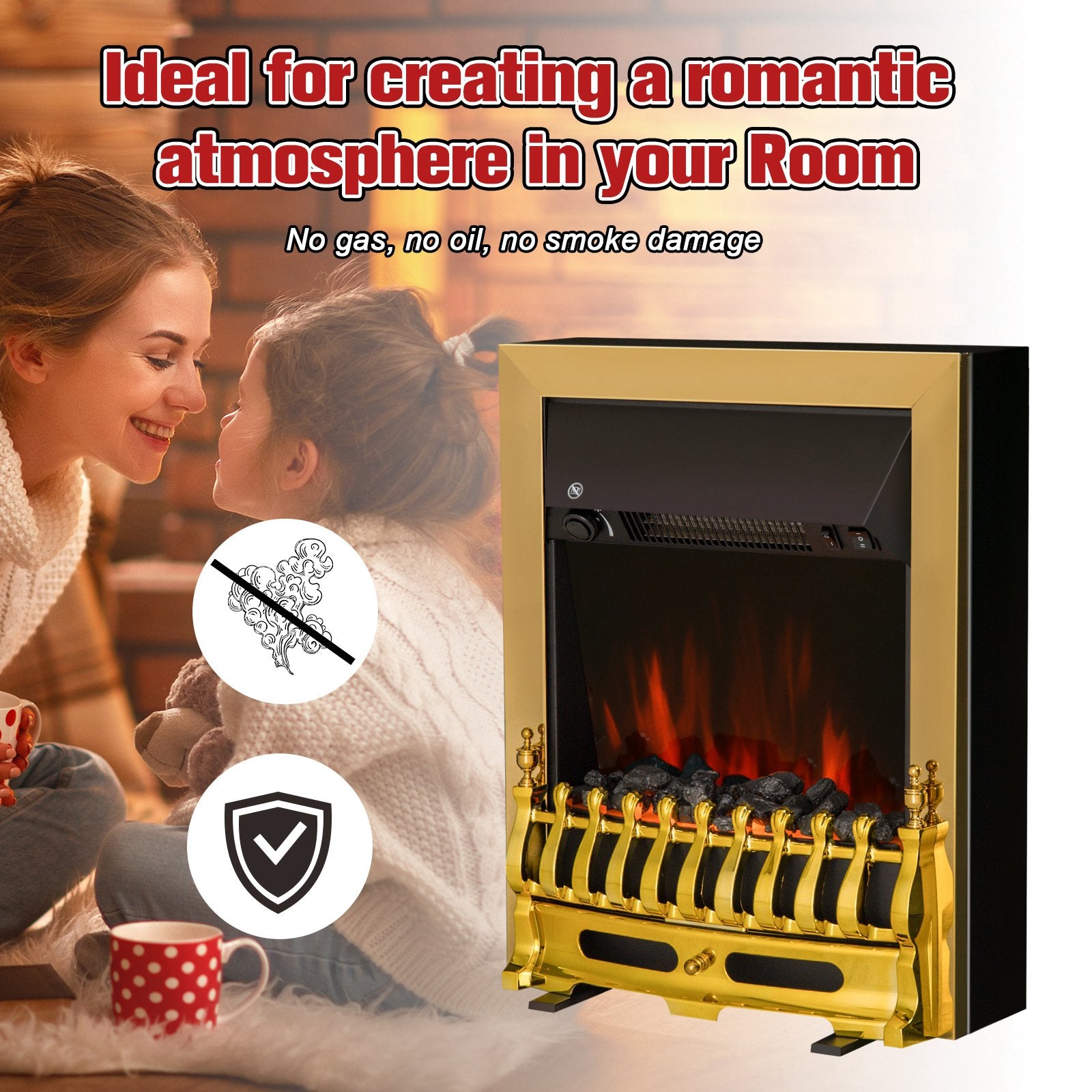 Homcom Electric Fireplace LED Light Complete Fire Place Heating Indoor Heater Coal Burning Flame Effect Heat 2000W Max