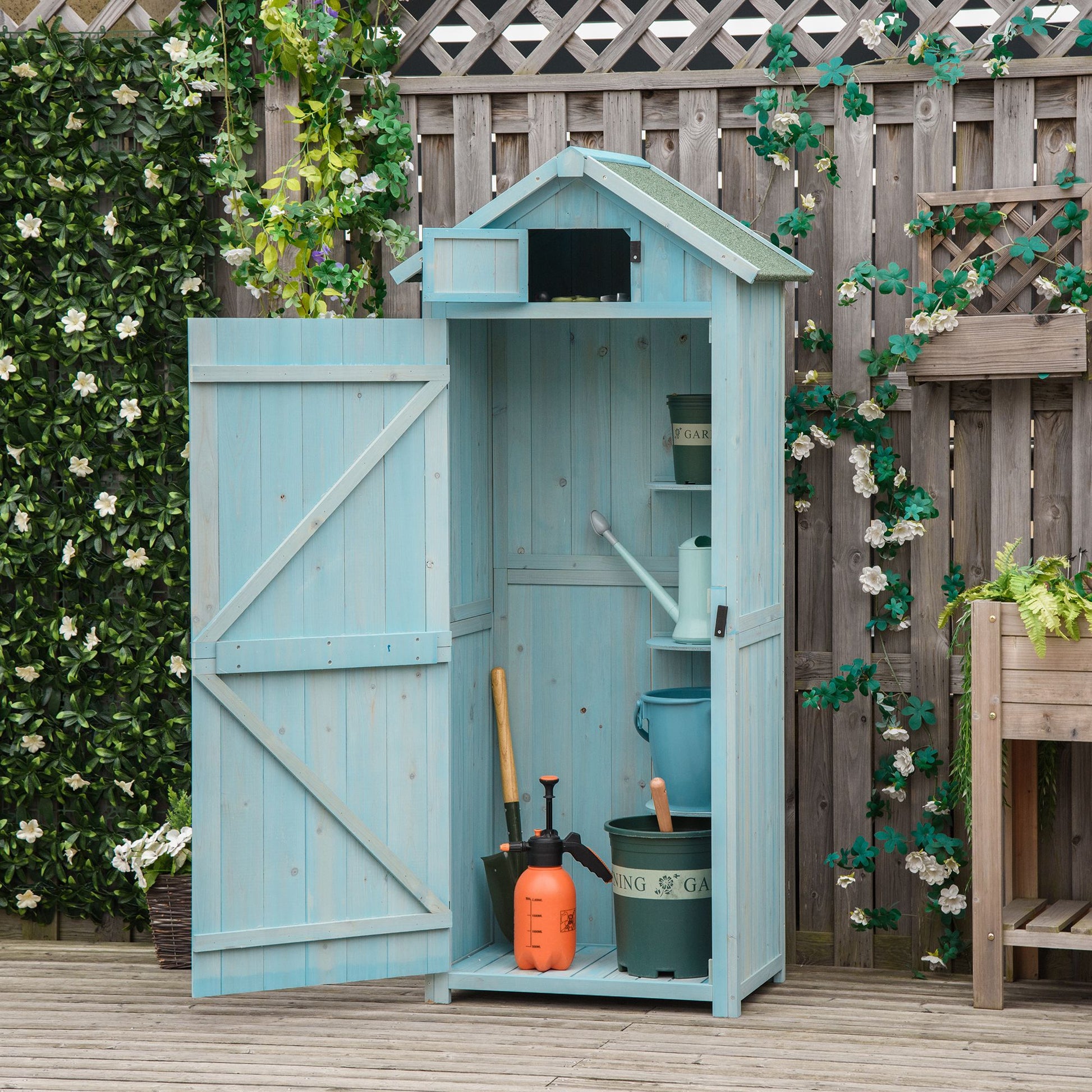 Rustica 179cm Single Door Reverse Apex Garden Store Fir Wood Blue by Steadfast