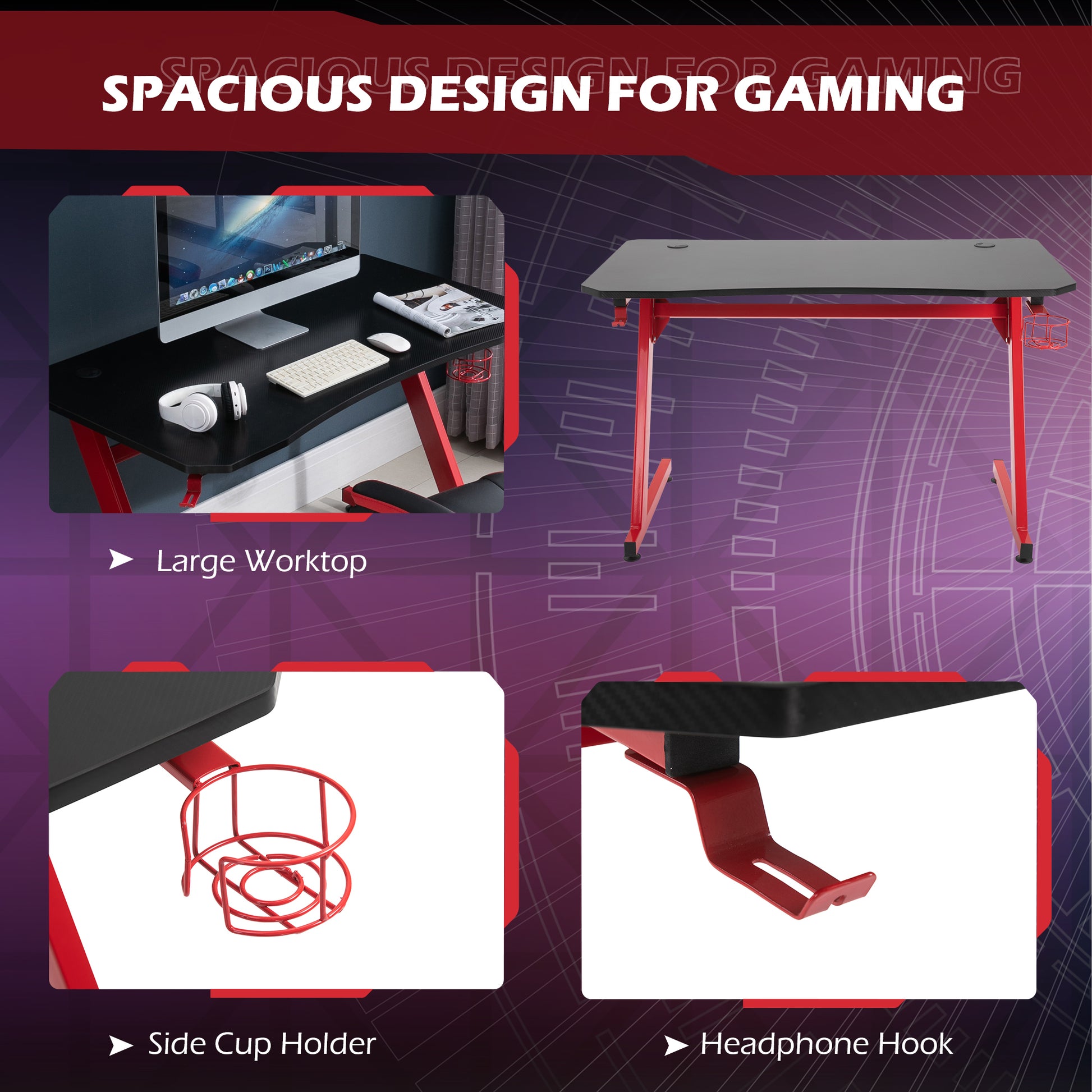 Homcom Gaming Desk Steel Frame w/ Cup Headphone Holder Adjustable Feet Cable Organiser Home Office Computer Table Red