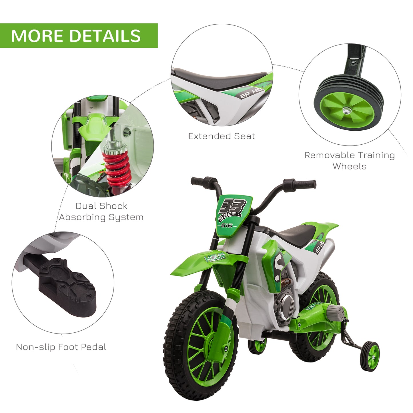 Homcom 12V Kids Electric Motorcycle Ride-On With Training Wheels For Ages 3-5 Years - Green