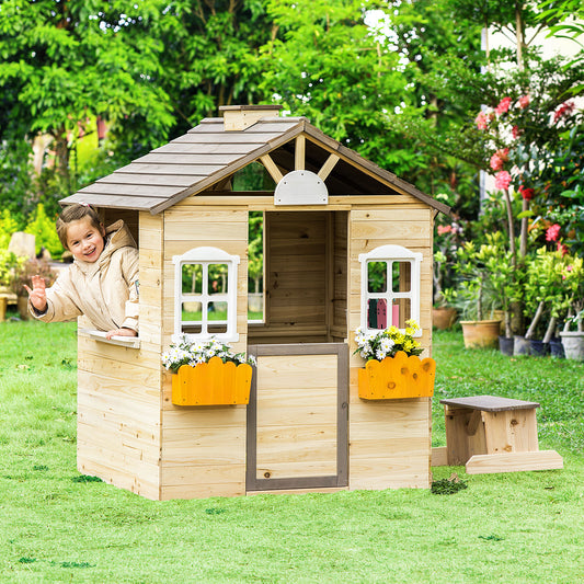 Outsunny Wooden Kids Playhouse Outdoor Garden Games Cottage with Door