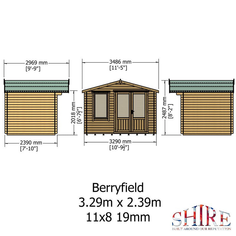 Shire Berryfield 11' 3" x 9' 11" Apex Log Cabin - Premium 19mm Cladding Log Clad