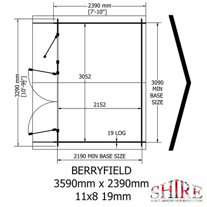 Shire Berryfield 11' 3" x 9' 11" Apex Log Cabin - Premium 19mm Cladding Log Clad