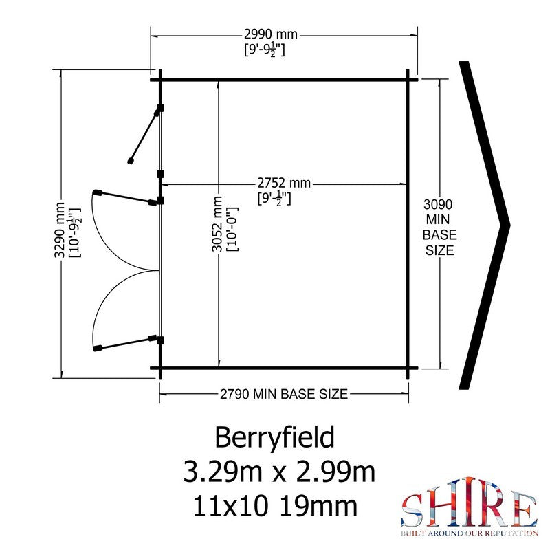 Shire Berryfield 11' 3" x 11' 10" Apex Log Cabin - Premium 19mm Cladding Log Clad