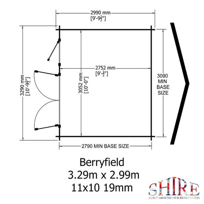 Shire Berryfield 11' 3" x 11' 10" Apex Log Cabin - Premium 19mm Cladding Log Clad