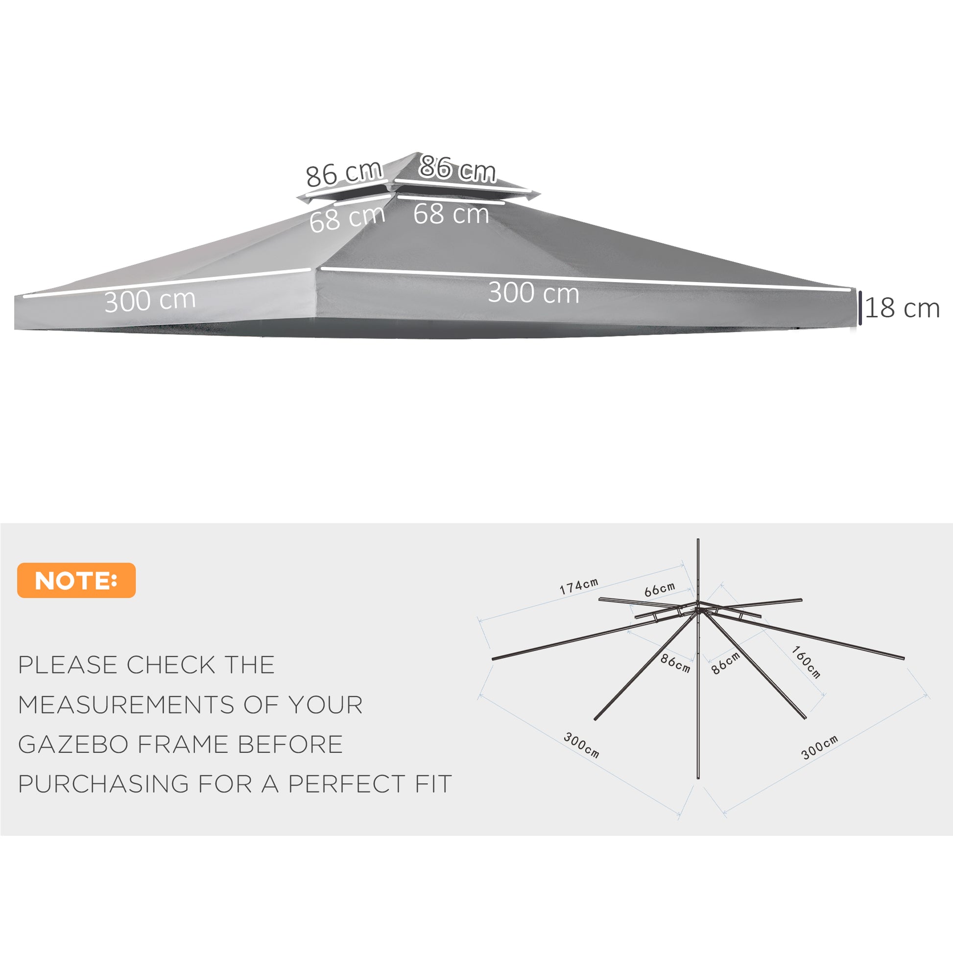 Outsunny 3(m) Gazebo Top Cover Double Tier Canopy Replacement Pavilion Roof Deep Grey