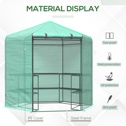 Outsunny Hexagon Walk In Garden Greenhouse PE Planter Flower Growth with Zipped Door 228 x 196 x 215H cm