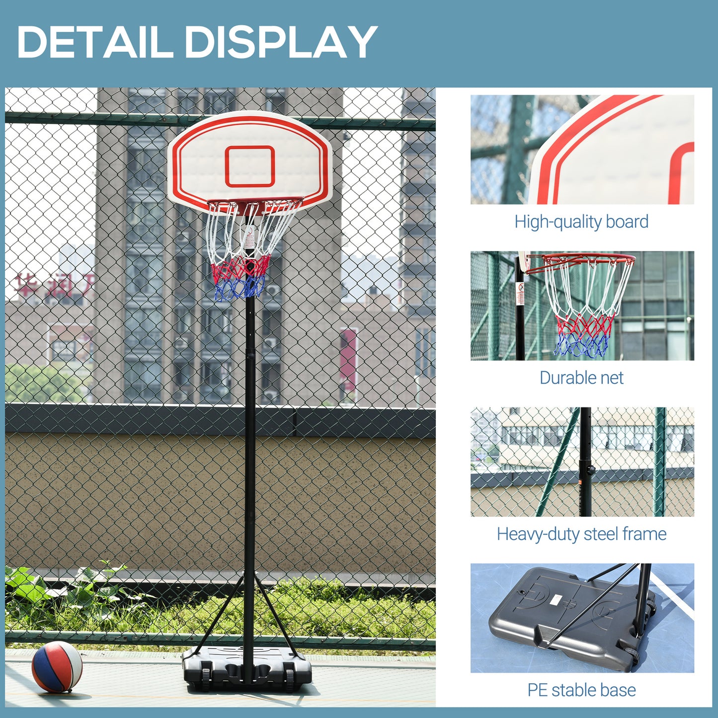 Homcom Portable Basketball Stand 175-215cm Adjustable Height Sturdy Rim Hoop Base Net