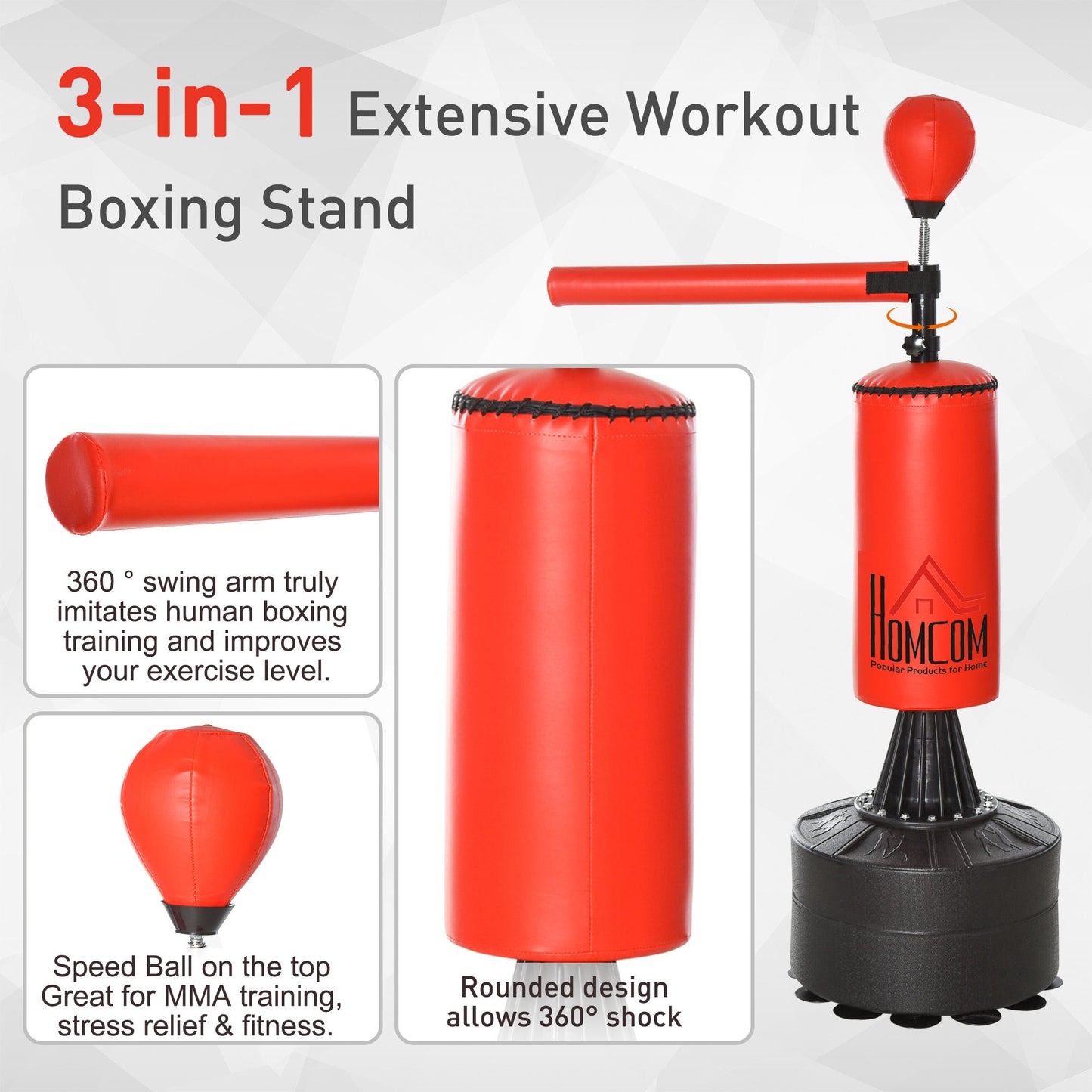 Homcom 155-205cm 3-IN-1 Freestanding Boxing Punch Bag Stand with Rotating Flexible Arm