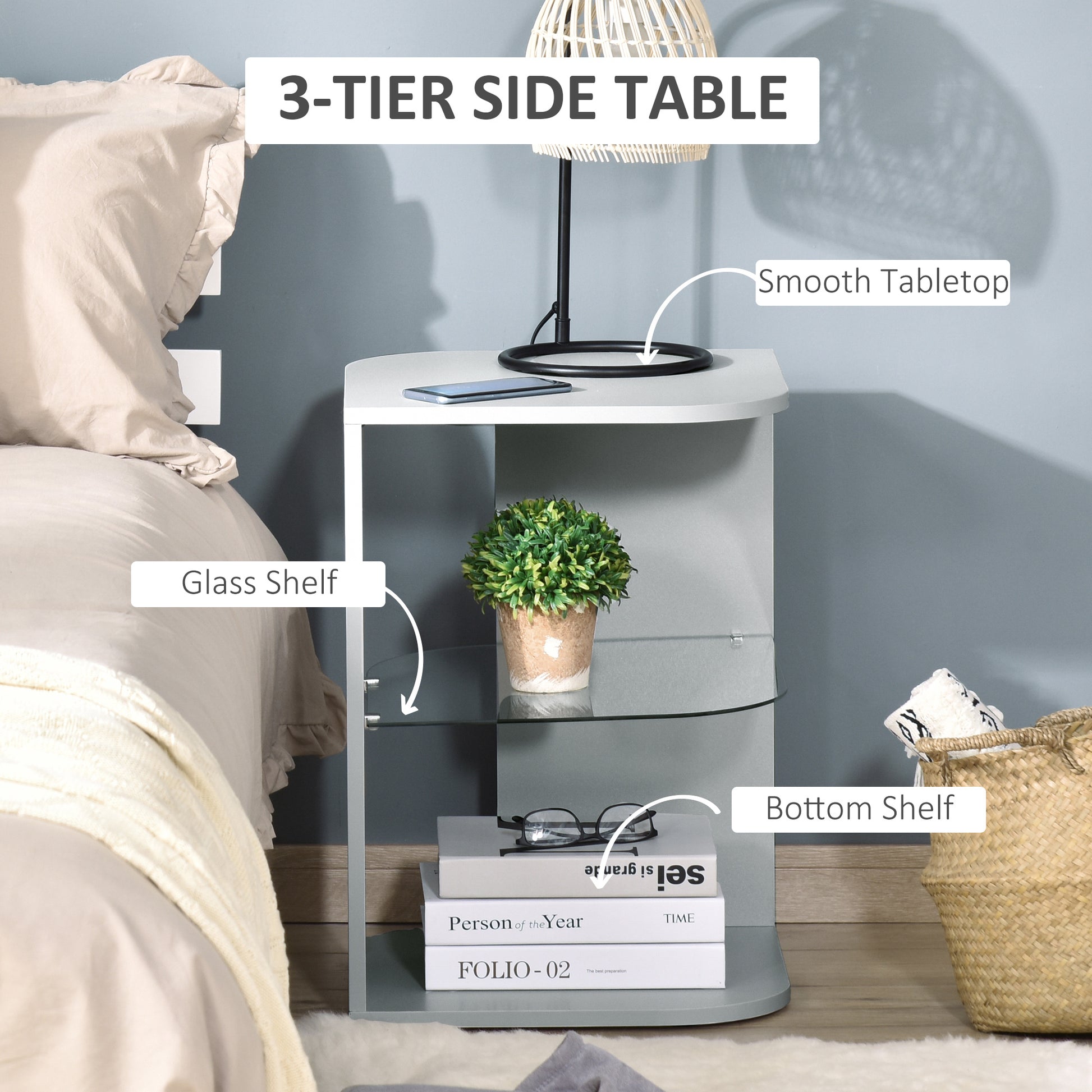 Homcom Modern Side Table Three Layer Bedside Table Nightstand with 2 Storage Shelves