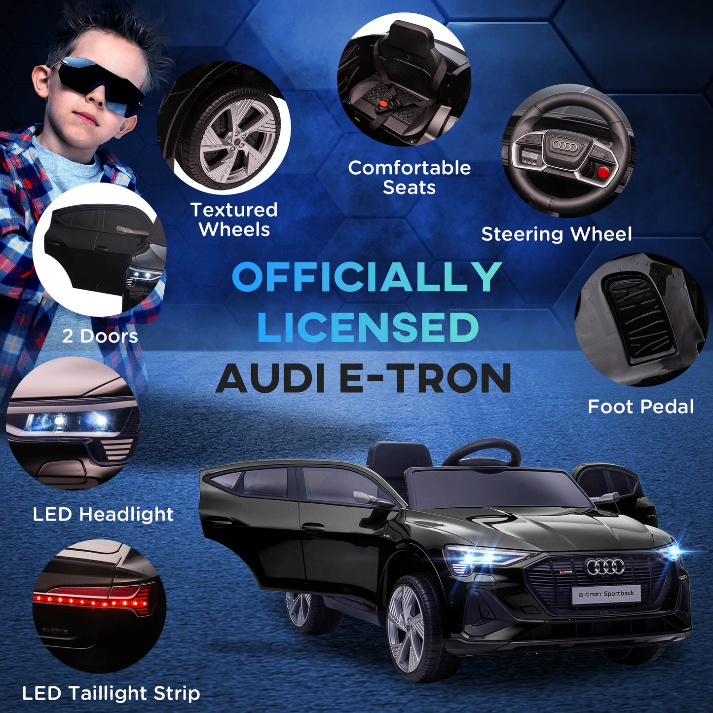 Homcom Audi E-tron Licensed 12V Kids Electric Ride On Car with Parental Remote Music Lights MP3 Suspension Wheels for 3-5 Years Black