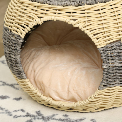 Pawhut Wicker Cat House Rattan Raised Cat Bed Cosy Kitten Cave With Soft Washable Cushion Diameter 40 X 30cm