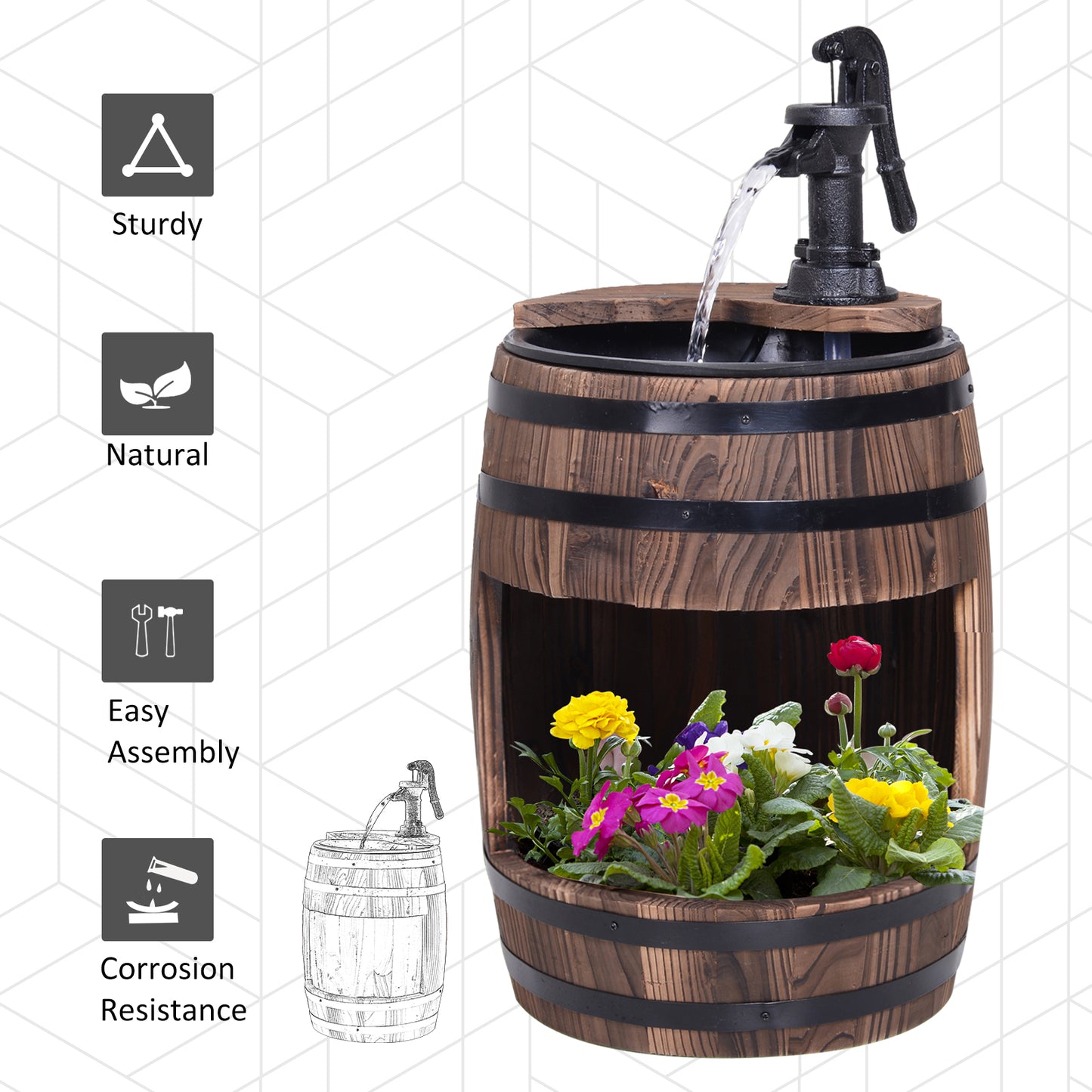 Outsunny Fir Wood Barrel Pump Fountain W/ Flower Planter