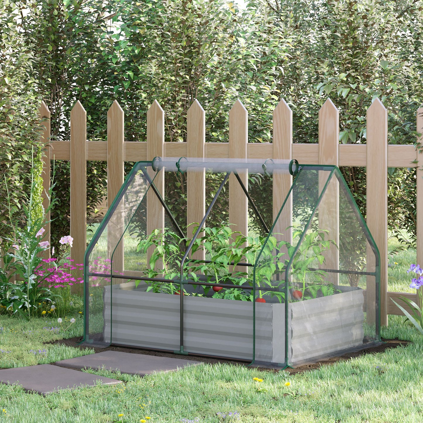 Outsunny Steel Raised Garden Planter Box Kit with Greenhouse