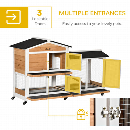 PawHut Two-Tier Wooden Rabbit Hutch Mobile Guinea Pig Cage Bunny Run w/ Wheels