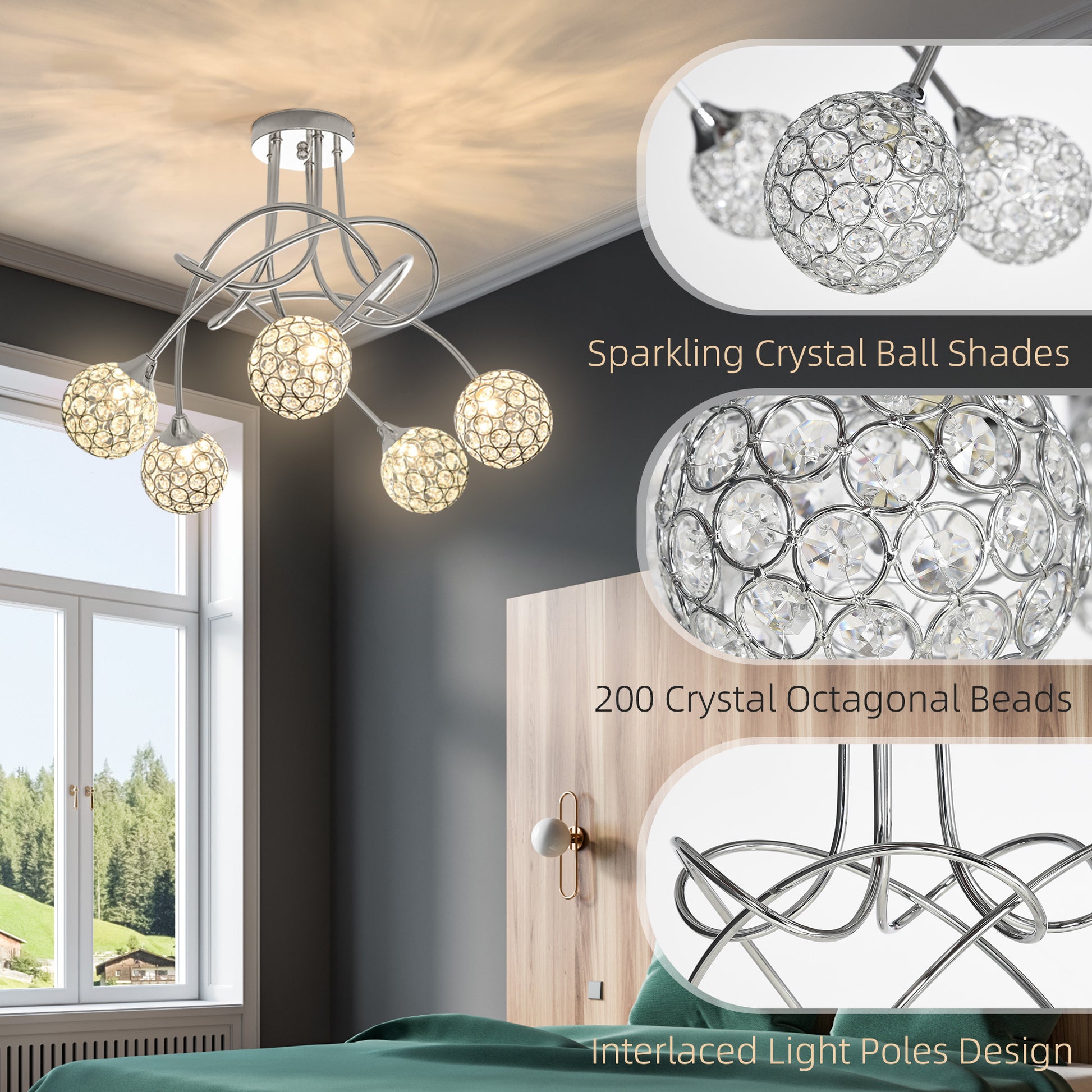 Homcom Modern Crystal Ball Chandelier Ceiling Light Pendant Light with 5 Lampshades 5 G9 Bulbs Required Silver