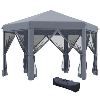 Outsunny 3.2M Pop Up Gazebo Hexagonal Canopy Tent Outdoor Sun Protection With Mesh Sidewalls Handy Bag Grey