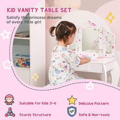 Homcom Kids Vanity Table & Stool Girls Dressing Set Make Up Desk Chair Dresser Play Set With Rotatable Mirrors Drawer Star & Heart Pattern White