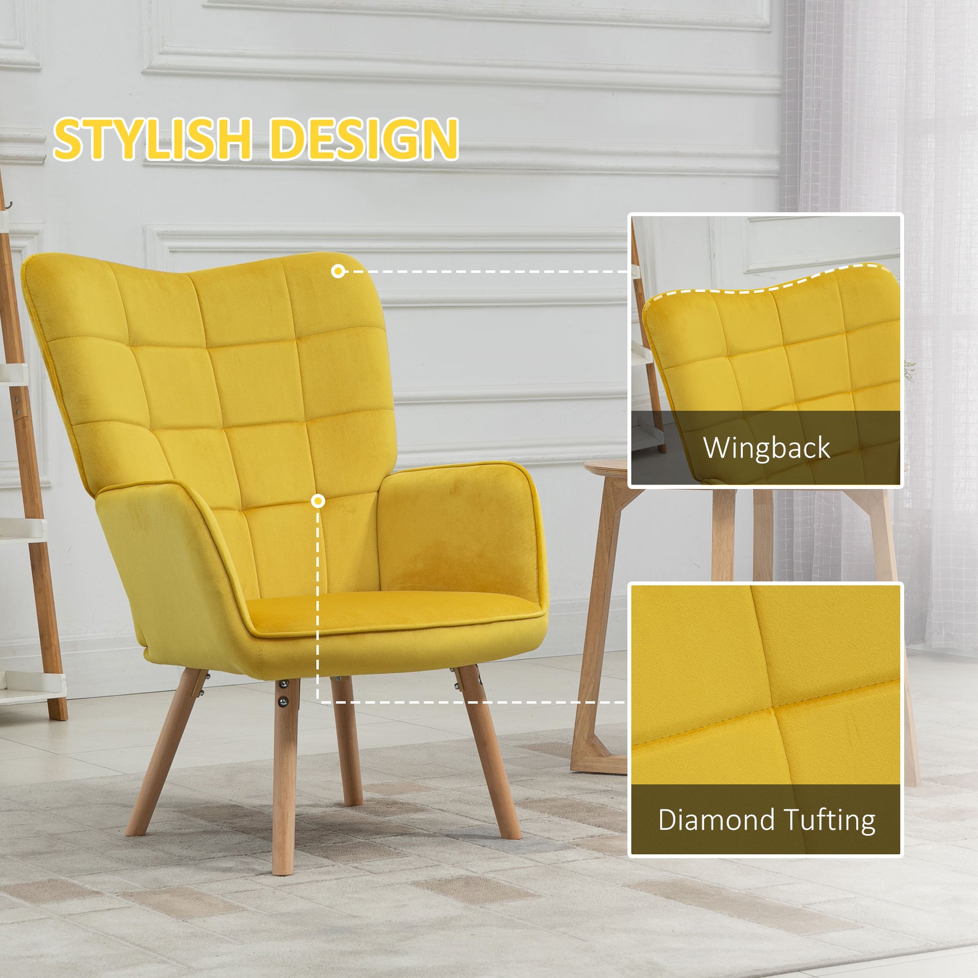 Homcom Accent Chair VelvetTufted Wingback Armchair Club Chair with Wood Legs Yellow