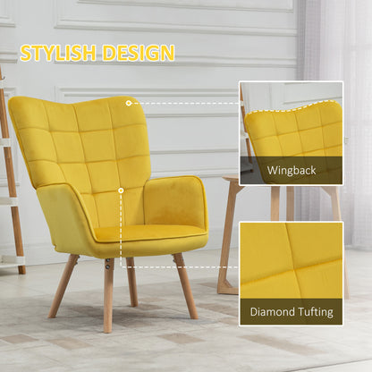 Homcom Accent Chair VelvetTufted Wingback Armchair Club Chair with Wood Legs Yellow