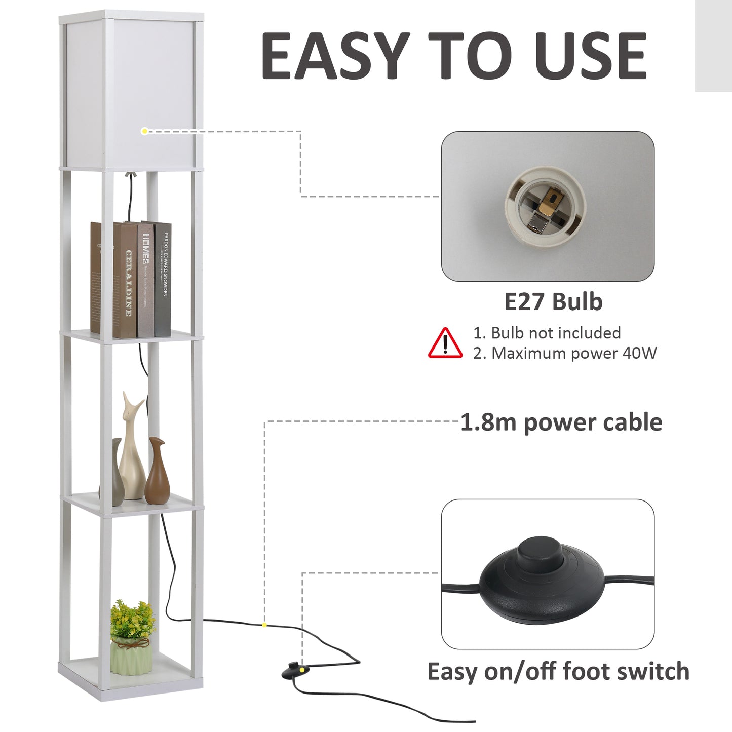 Homcom Medium-density fibreboard 4-Tier Floor Lamp White