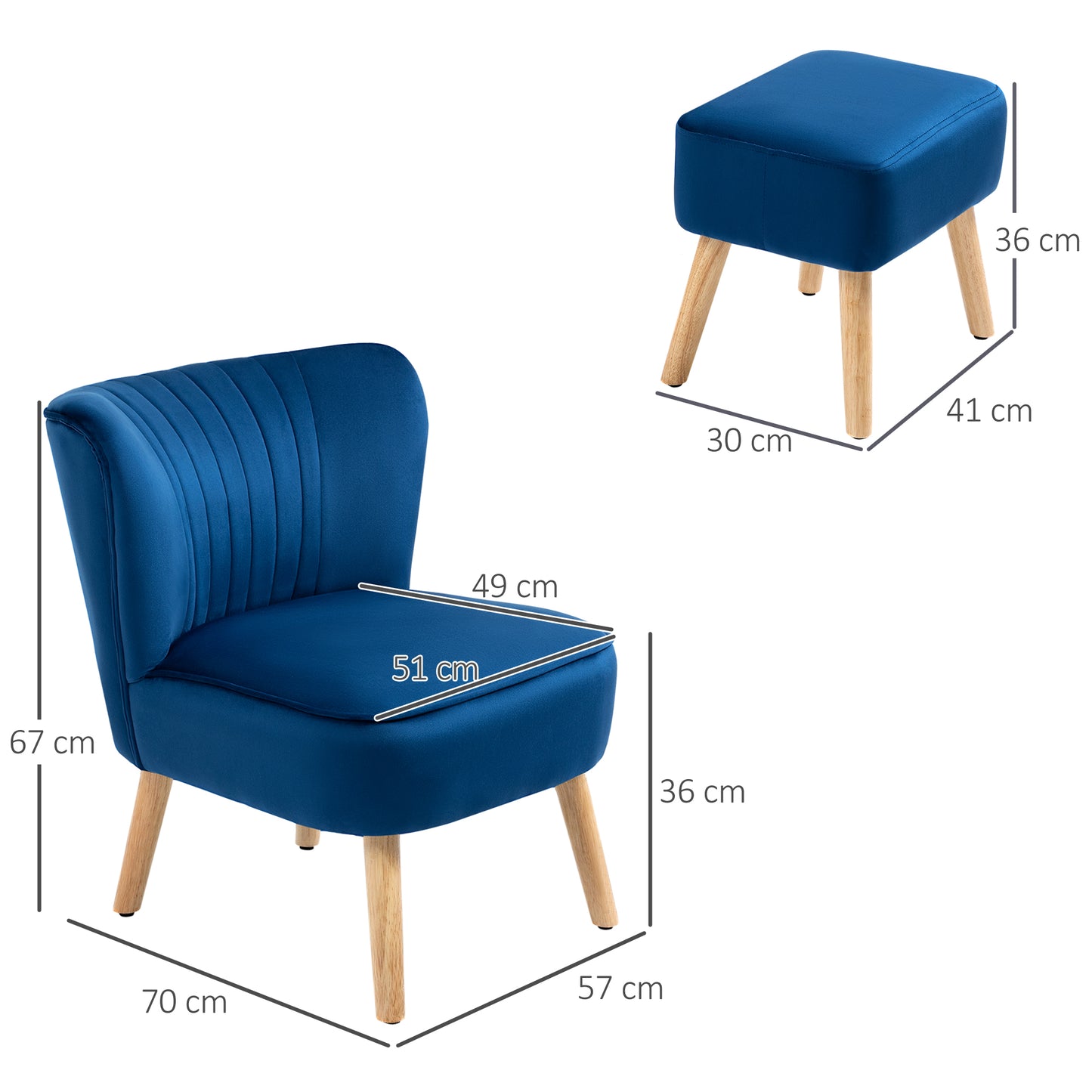 Homcom Velvet-Feel Tub Chair and Footstool - Blue