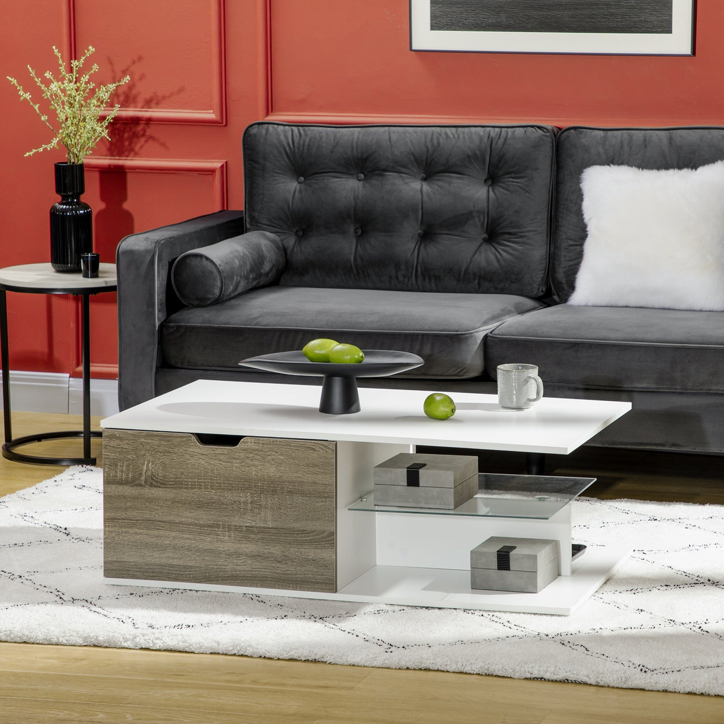 Homcom Modern Coffee Table with Tempered Glass Shelf and Two Drawers