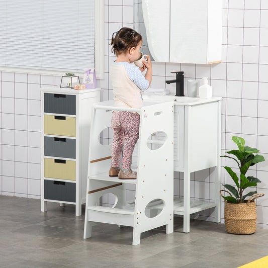 Homcom Toddler Step Stool Kids Adjustable Standing Tower with Safety Rail for Kitchen Counter White