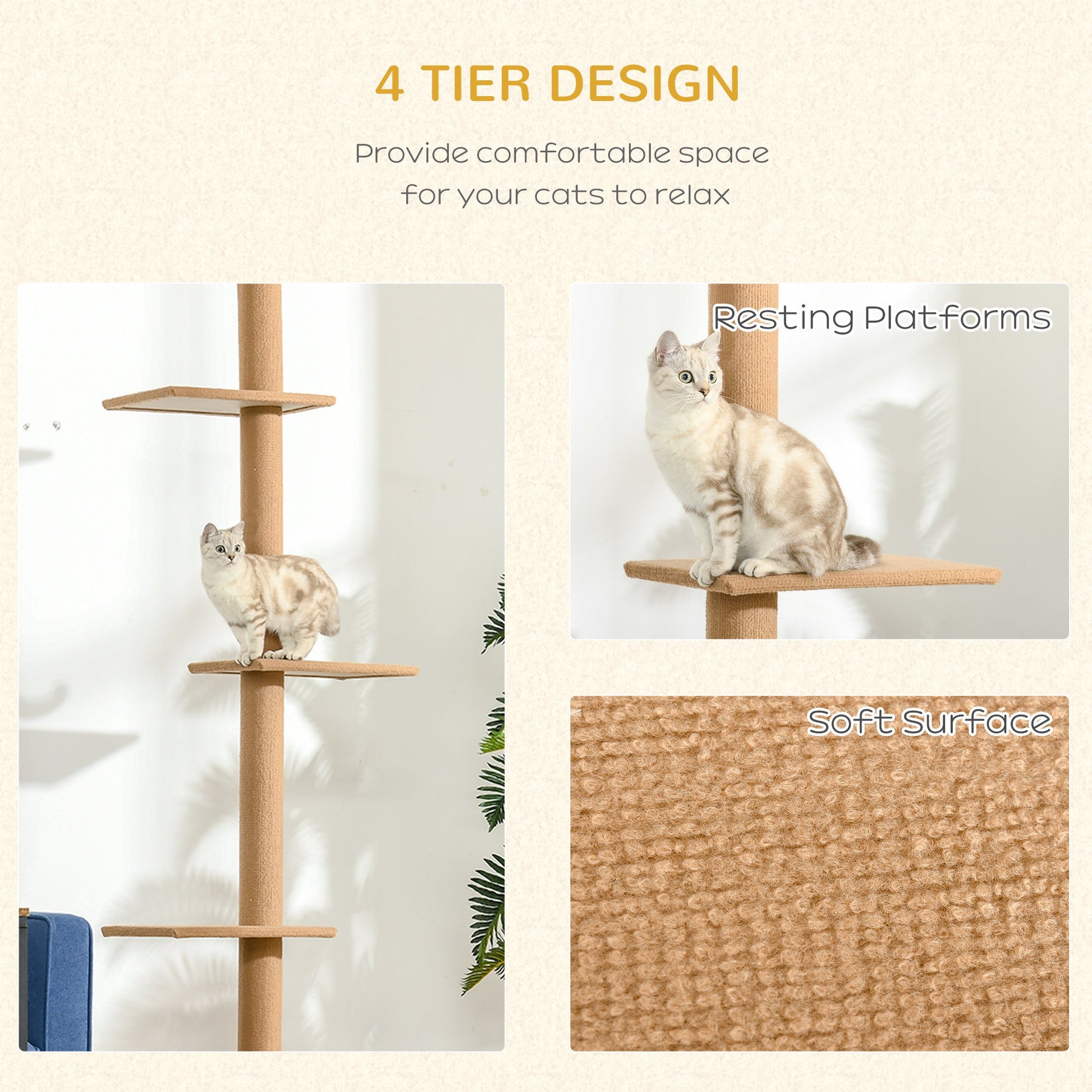 PawHut 260cm Floor To Ceiling Cat Tree w/ 3 Perches Flannel Upholstery Kitten Brown