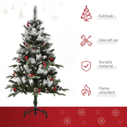 Homcom 4FT Artificial Snow Dipped Christmas Tree Xmas Pencil Tree with Foldable Feet Red Berries White Pinecones