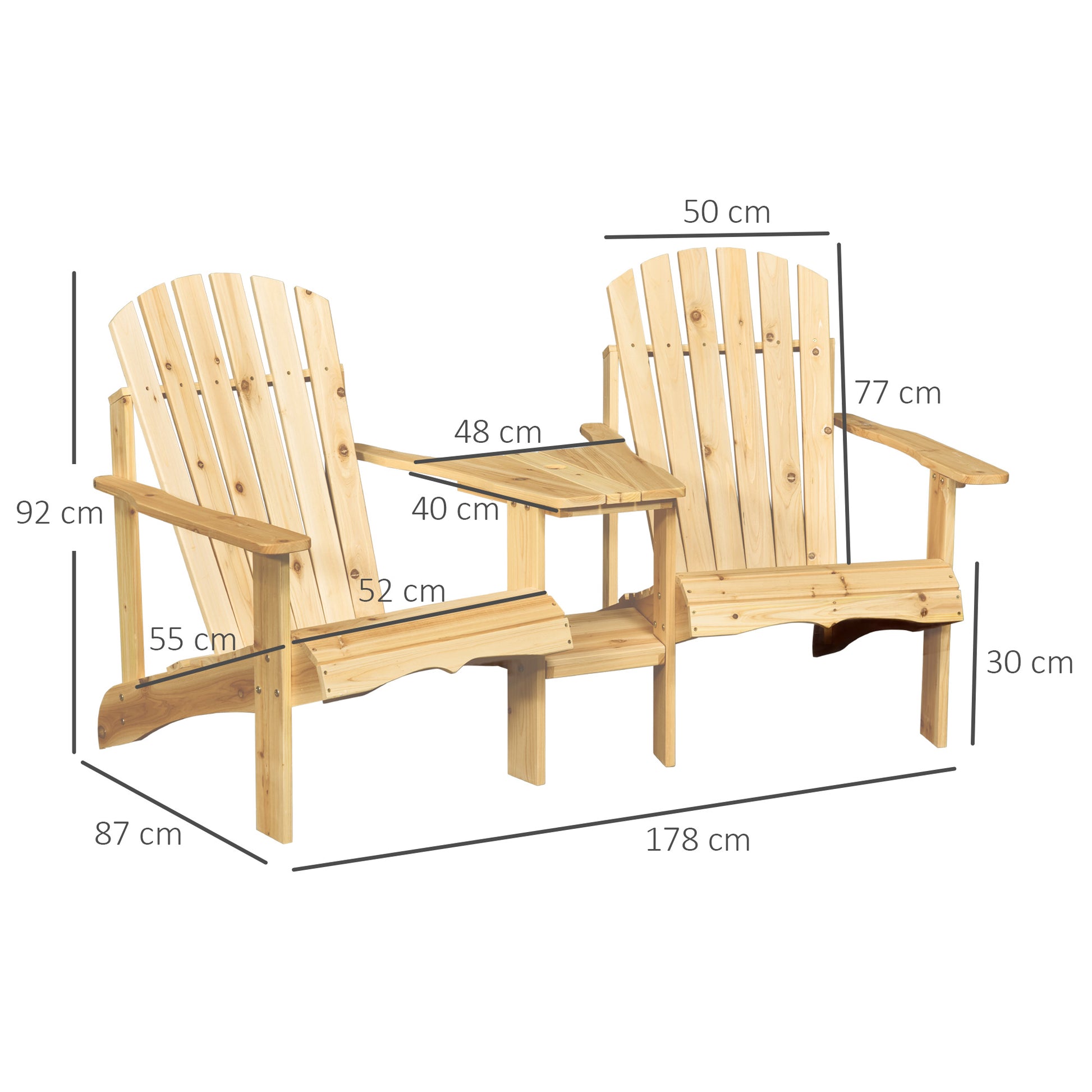 Outsunny Wooden Outdoor Double Adirondack Chairs Loveseat w/ Center Table and Umbrella Hole