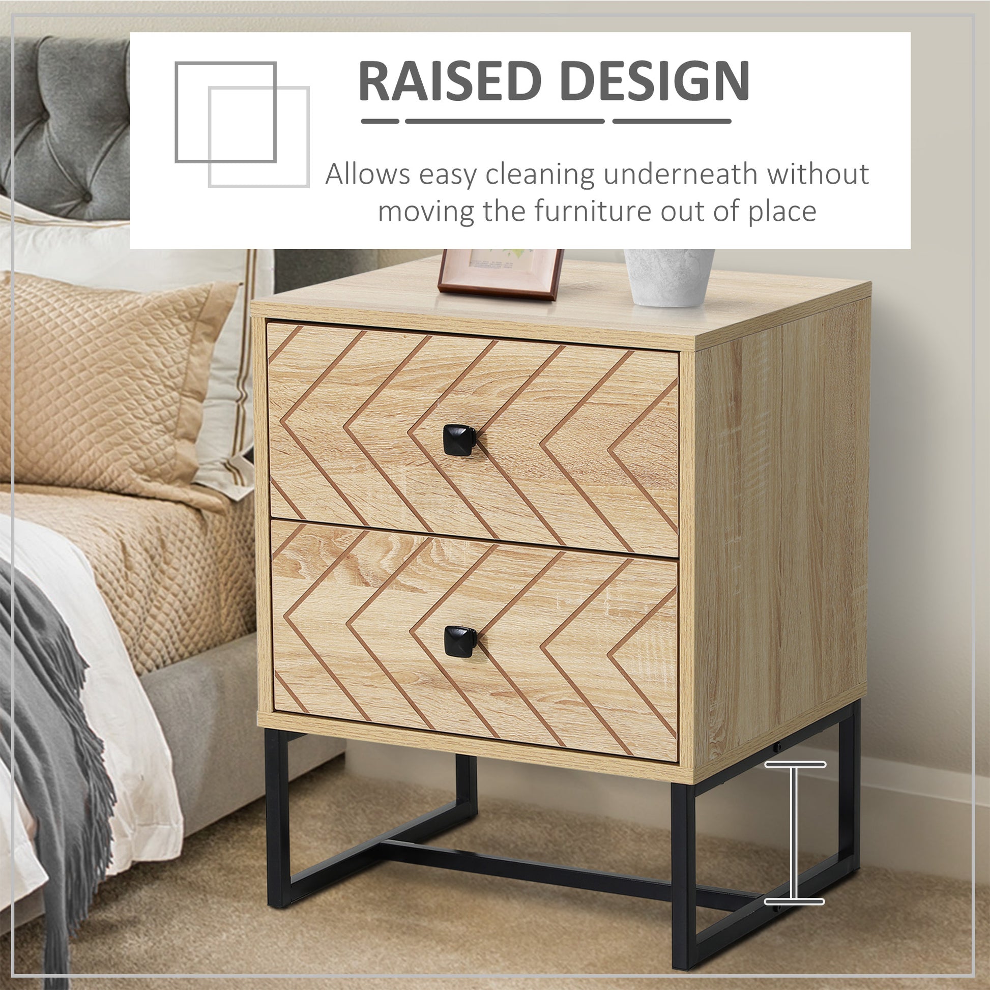 Homcom Bedside Table 2 Drawer Unit Zig Zag Design Nightstand w/ Black Metal Handles Melamine Finish