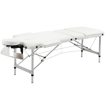 Homcom Folding PVC Leather Massage Table Aluminium Frame w/ Headrest Armrests Padding Handle Carry Bag Adjustable Height 3-Way Tri-Fold Salon Professional Bed Beauty White