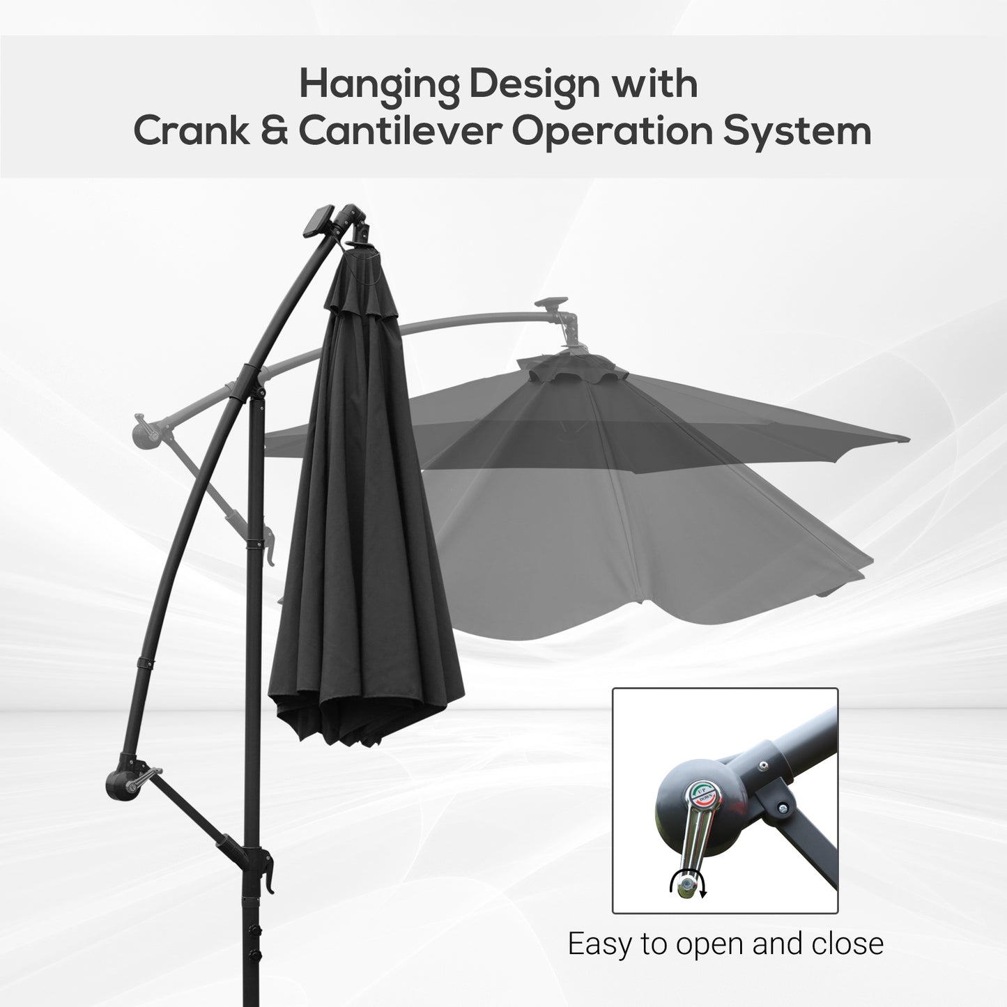 Outsunny 3m LED Patio Banana Umbrella Cantilever Parasol w/ Crank Cross Base Hanging Offset Umbrella Frame Steel Aluminium Garden Table Outdoor Black