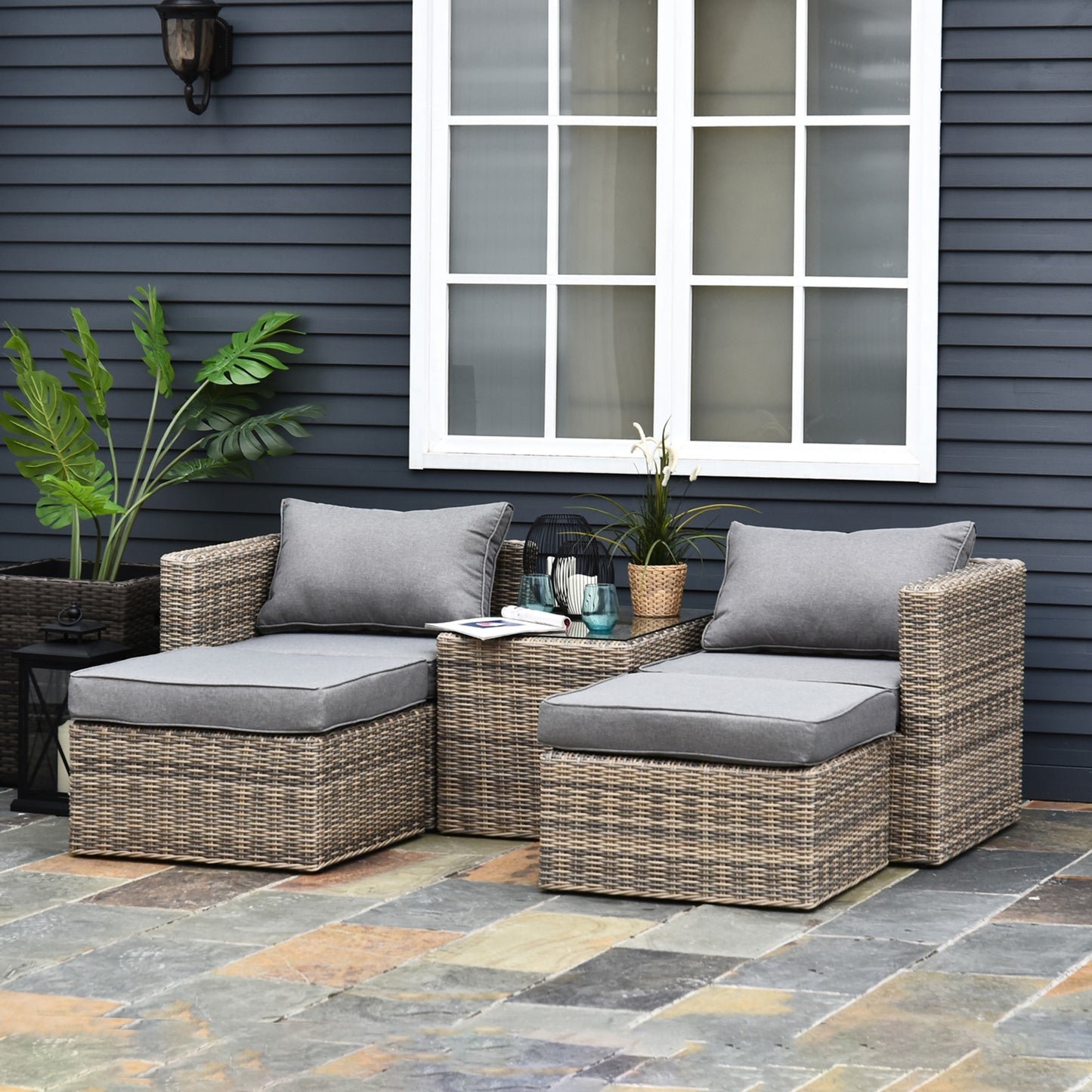 Outsunny 5 Pcs Rattan Garden Furniture Set W/ Tall Glass-Top Table Aluminium Frame Plastic Wicker Thick Soft Cushions Comfortable Outdoor Balcony Home Sofa - Brown