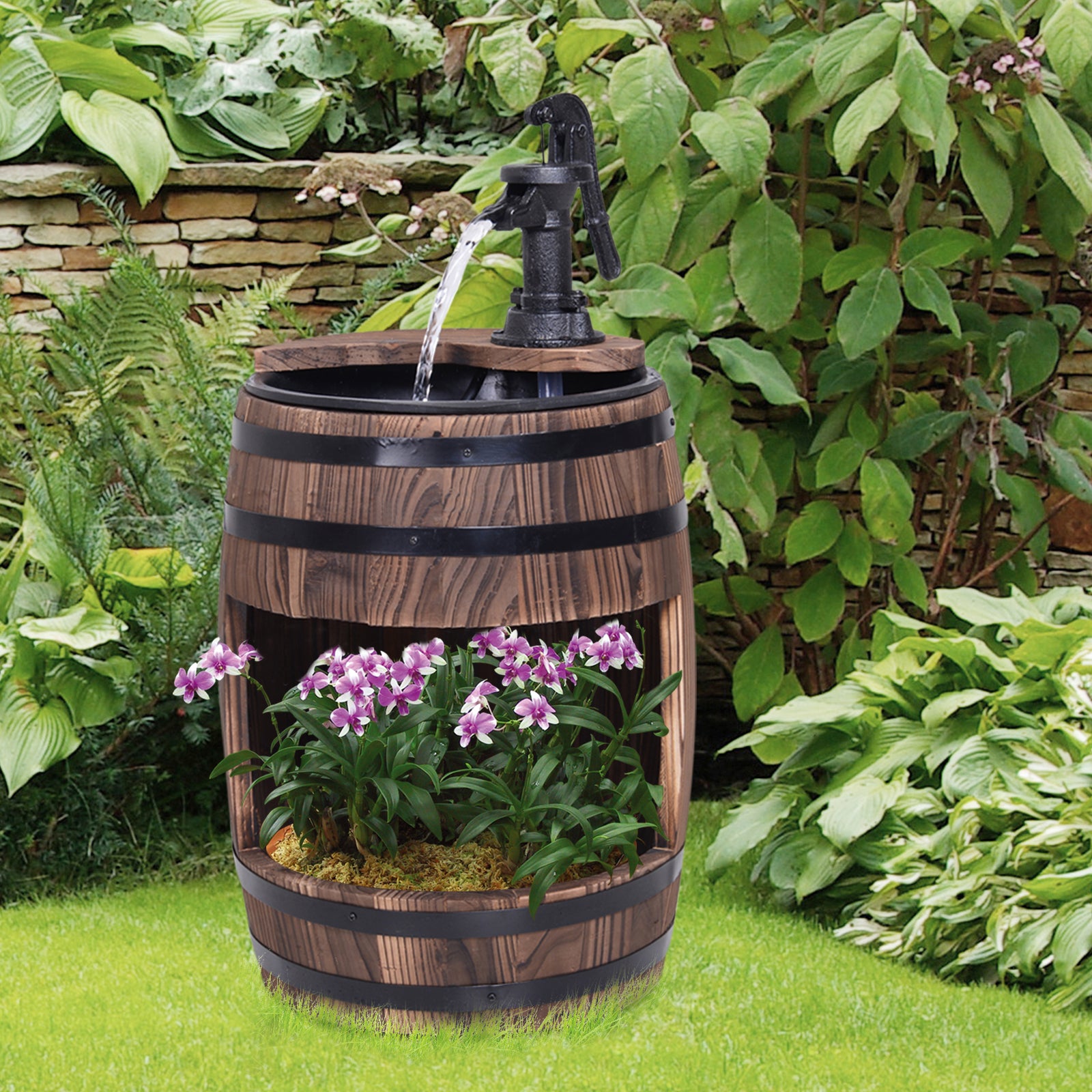 Outsunny Fir Wood Barrel Pump Fountain W/ Flower Planter