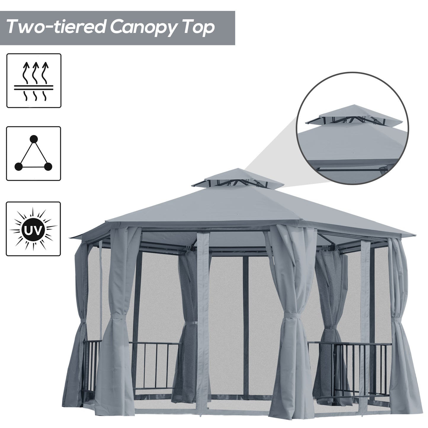 Outsunny 3 x 3(m) Hexagon Gazebo Patio Canopy Party Tent Outdoor Garden Shelter w/ 2 Tier Roof & Side Panel - Grey