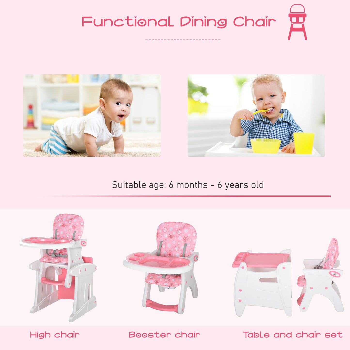 Homcom HDPE 3-in-1 Baby Booster High Chair Pink