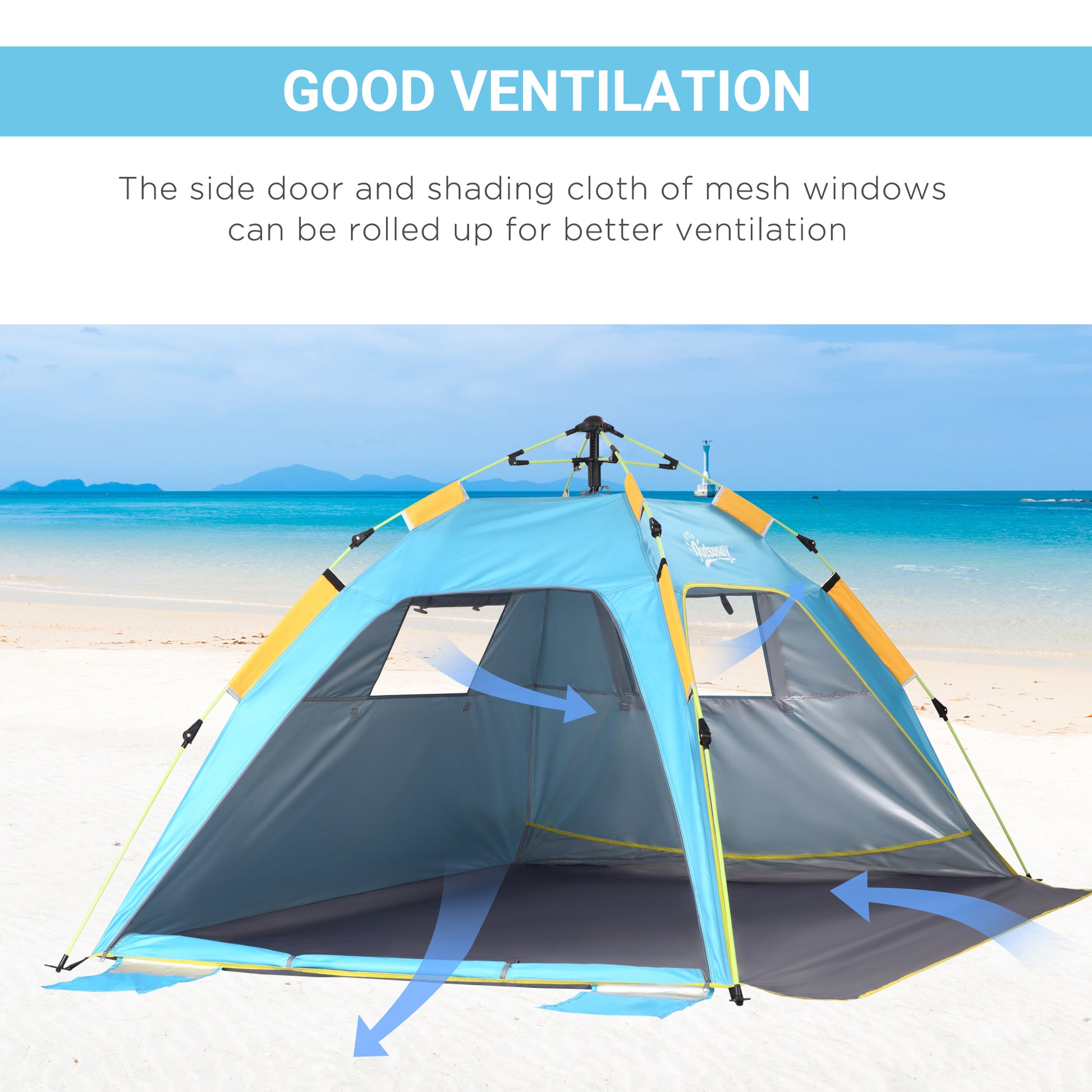 Outsunny 2 Man Pop-up Beach Tent Sun Shade Shelter Hut w/ Windows Doors Hook Sandbags UV Protection Waterproof Outdoor Adventure Garden Light Blue